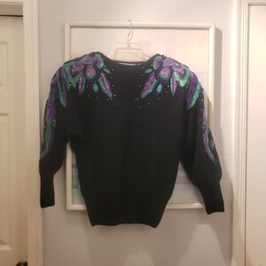 Erez Vintage Sweater large black Angora Rabbit Hair Leather Snakeskin